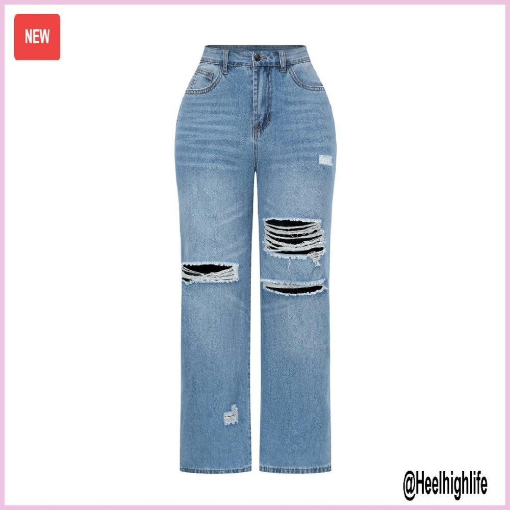 High Waisted Wide Leg Jeans Stretchy Distressed Denim Pants